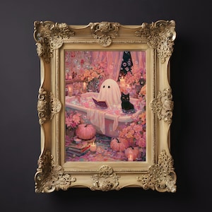 May include: A framed artwork depicts a ghost in a bathtub, reading a book, with a black cat nearby. The scene is filled with pink flowers, pumpkins, candles, and bubbles. The ornate gold frame enhances the whimsical, Halloween-themed illustration.