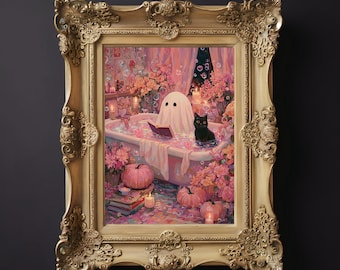 Geest en kat in badkunst, roze halloween-muurdecoratie, grappige badkamerprint, schattige kat decor, Witchy badkamerprint, leesgrage muurkunst