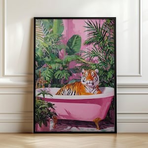 Impression tigre rose dans la salle de bain, art mural amusant pour salle de bain, affiche tigre tendance, décoration tropicale maximaliste colorée