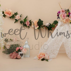 Floral Boho Cake Smash Digital Backdrop | Baby Toddler Child Photography | Girl Cake Smash Digital Background  | Tipi | Instant Download