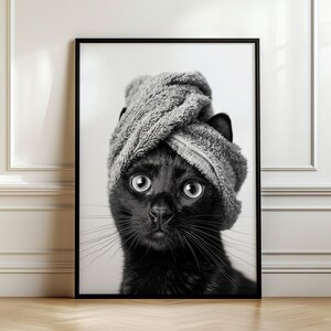 Funny Black Cat Bathroom Print, Cat in Towel, Cute Animal Poster, Quirky Wall Art, Black Cat Room Decor, Bathroom Humour Art