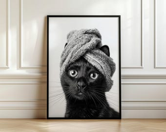 Funny Black Cat Bathroom Print, Cat in Towel, Cute Animal Poster, Quirky Wall Art, Black Cat Room Decor, Bathroom Humour Art