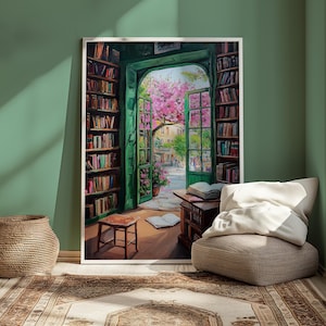 Green Bookshop Wall Art, Whimsical Cottagecore Decor, Vintage Reading Nook Print, Cozy Bookstore Aesthetic, Pink Spring flowers, Romantasy