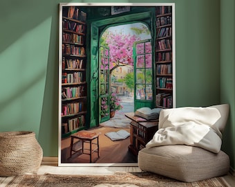 Green Bookshop Print, Vintage Reading Nook, Cottagecore Wall Art (Digital Download)