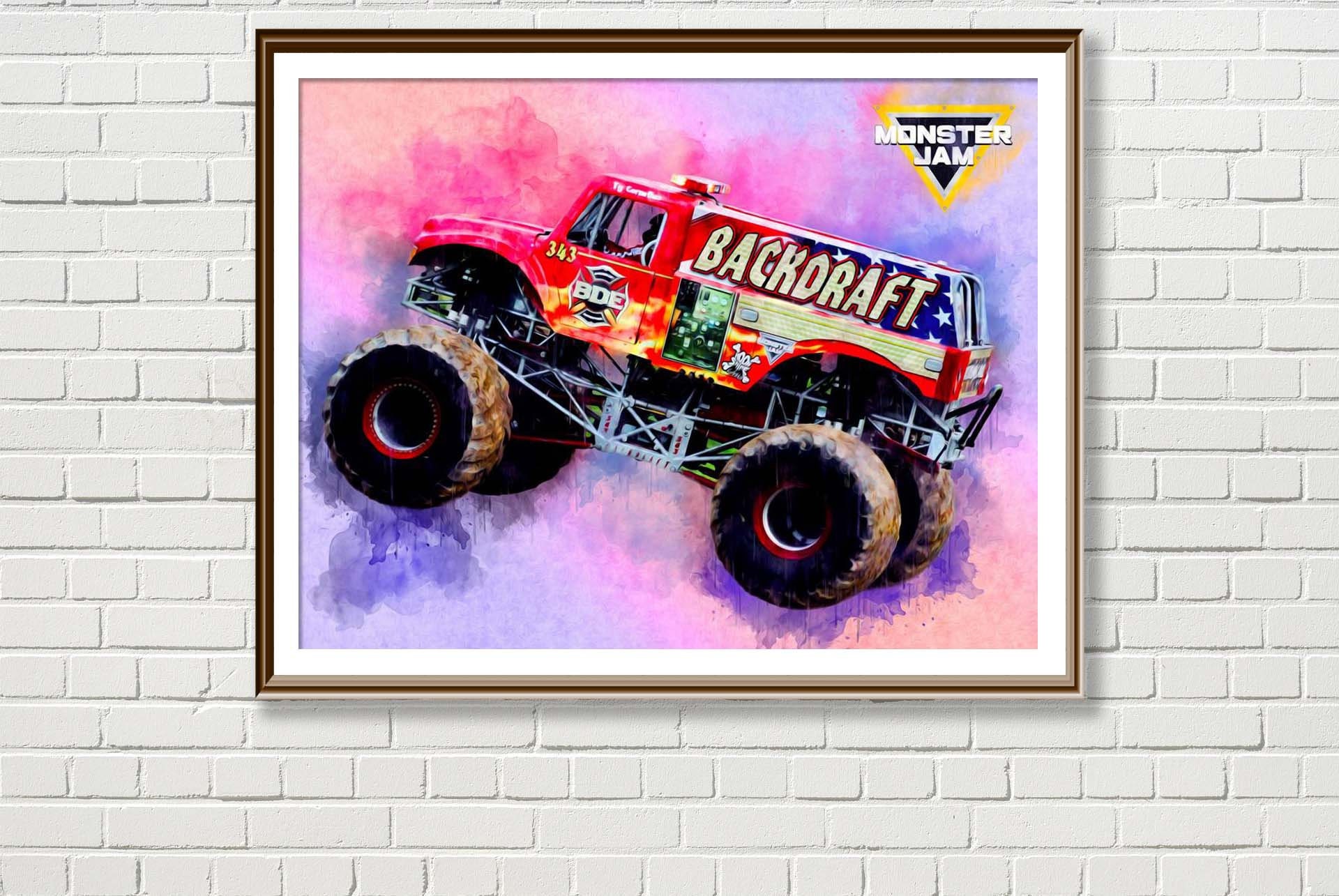 Backdraft Monster Jam print poster watercolor handmade home Etsy