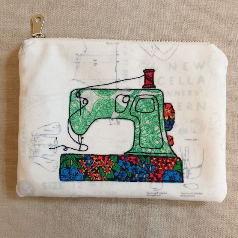 Handmade velvet sewing machine zipped bag  pouch with free motion embroidery print