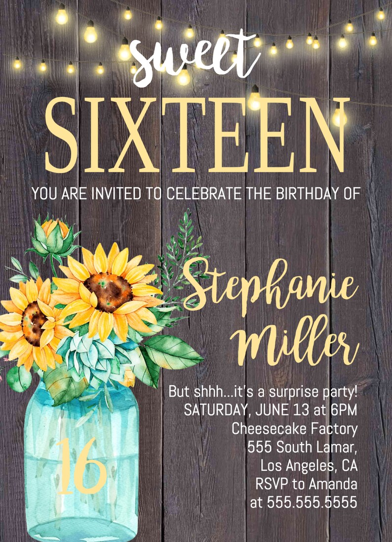 Sweet Sixteen Birthday Invitation Mason Jar Sunflower Rustic Etsy
