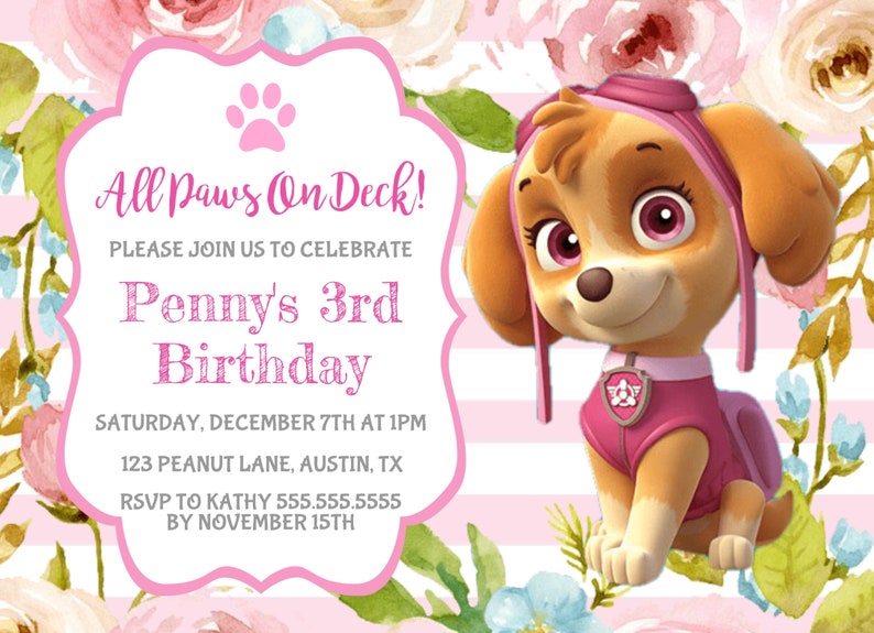 skye paw patrol birthday invitations skye paw patrol birthday invitations
