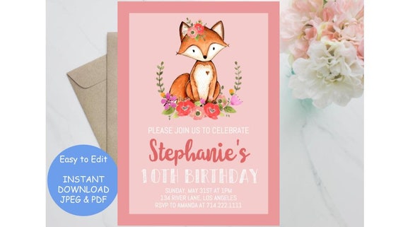 Birthday Party Cute Fox Boho Rustic Invitation Invite Template Etsy
