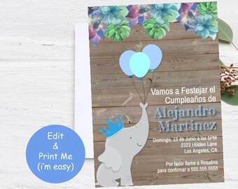 Niño Feliz Cumpleaños, Elefante Cumple Invitacion Invitation, Birthday Boy Template, Rey Corona Globos, Elephant King, INSTANT DOWNLOAD EDIT