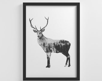 Wild Deer Forest Silhouette Nature Animal Print Frameless Poster Illustration Art Print Home Wall Art Nursery Decoration Perfect Gift | IC36