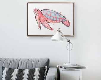 Pink Watercolor Turtle Watercolor Animal Print Frameless Poster Illustration Art Print Home Wall Art Nursery Decor Perfect Gift | IC12