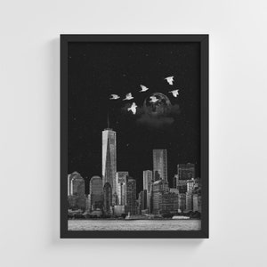 Night City Landscape Flying Birds Print Frameless Poster Illustration Art Print Home Wall Art Nursery Decor Perfect Gift | IC52
