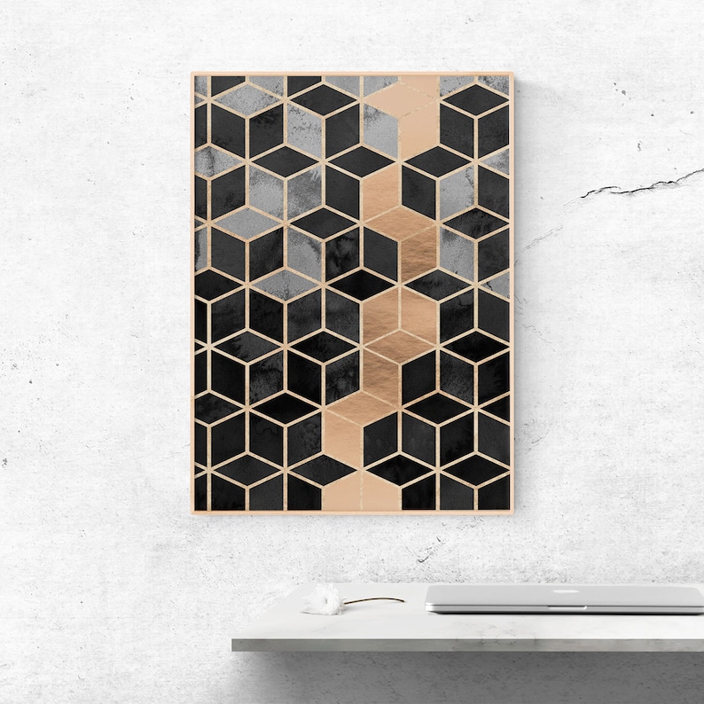IC3 Geometric Black /& Gold Texture Cubes Watercolor Frameless Poster Art Print Home Wall Art Nursery Decor Perfect Gift
