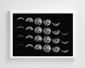 Space Six Line Moon Phases Frameless Poster Nature Space Art Print Stylish Modern Home Wall Art Nursery Decor Living Room | IC243