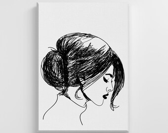 Black & White Model Girl Minimalistic Print Large Canvas Illustration Art Print Home Wall Art Nursery Decoration Perfect Gift | IC39