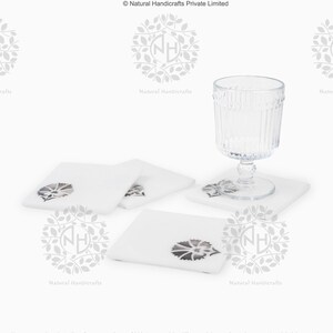 White Marble Coasters Set of 4 | Mother of Pearl Inlay Drink Coasters | Square Stone Coaster Gift | Coffee Table Decor, Hostess Gift