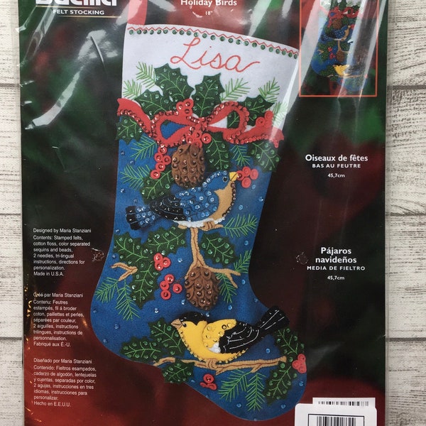 Holiday Birds Christmas Stocking Kit Jeweled Beaded Felt Birdwatching