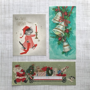Three Vintage Christmas Cards Kitty Cat Glitter Santa Bells Junk Journal Ephemera