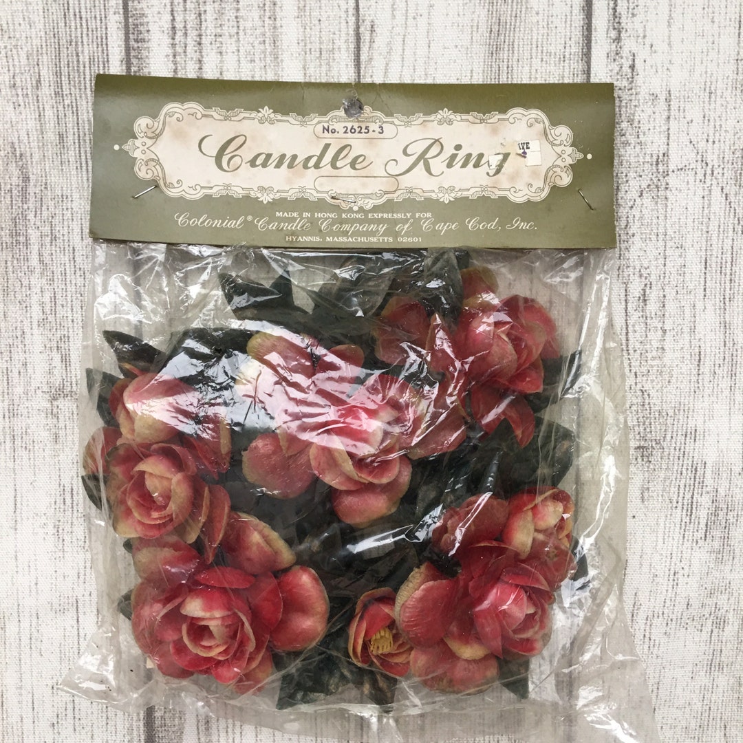 Vintage Artificial Flower Candle Ring Red Gold Roses Colonial Candle Co