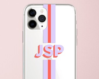 Monogram Initial Stripe Clear iPhone 11 Case iPhone 11 Pro Turquoise Max X XS Xr Max 8 Plus 7 Cover Custom Pink Nude Name on Case