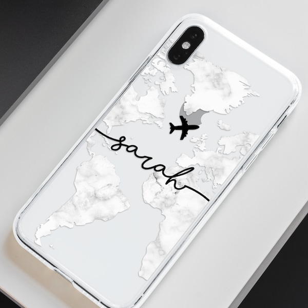 iPhone XR Case Marble Map Personalised Name Airplane iPhone X XS Max 8 Plus 7 6 6S  S8 S9 World Atlas Script Custom