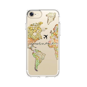 May include: Clear phone case featuring a world map design with a black airplane graphic. The words "your name" are written in a cursive font across the map. The case is designed to fit a smartphone.