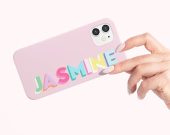 Cute Personalized Name Phone Case, Custom Pastel Rainbow Drop Shadow Monogram on Rose Pink Case iPhone Case,  Case, Google Pixel Case