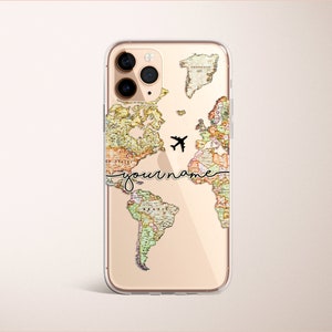 May include: Clear phone case featuring a world map design with a black airplane graphic. The words "yourname" are written in cursive. The case is designed to fit a smartphone.