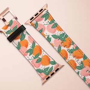 Apple Watch Strap, Peach Fruit Pattern Band, Trendy Bright Pink Summer Print, Vegan Leather Watch Band, 38mm 40mm 42mm 44mm