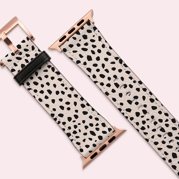 Apple Watch Strap, Black and Nude Animal Dots Band, Classy Dalmatian Cheetah Leopard Spots, Vegan Leather Watch Band, 38mm 40mm 42mm 44mm