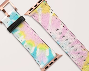 Apple Watch Strap, Rainbow Tie Dye Apple Watch Band, Boho Pastel Pink Turquoise Pattern , Vegan Leather Watch Band, 38mm 40mm 42mm 44mm