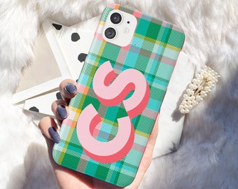 Personalized Plaid iPhone Case, Monogram iPhone 13 Case Custom Large Initial iPhone 12 Pro Case iPhone XR XS Max 8 7 Plus 11 Protective Case