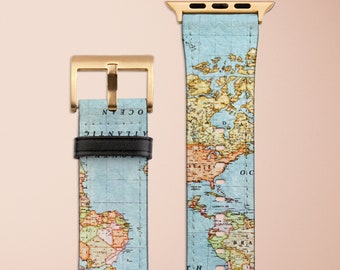 Apple Watch Strap, World Map Band, Wanderlust Traveler Blue Vintage Atlas Inspired Vegan Leather Watch Band, 38mm 40mm 42mm 44mm