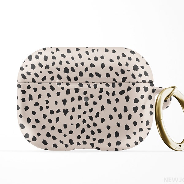 Black Spots on Beige Apple Air Pods Case, Hard Plastic Cheetah Dalmatian Black Polka Dot Airpods Pro Case with Gold Carabiner Keychain