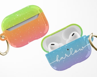 Monogram Rainbow Ombre Air Pods Case, Personalised Name Initial Hard Plastic Protective Apple Airpods Pro Case with Carabiner Keychain