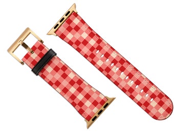 Red and Pink Plaid Checkerboard Pattern Apple Watch Strap, Cute Vegan Leather Watch Band, 38mm 40mm 42mm 44mm
