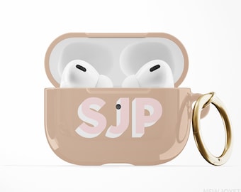 Creamy Nude Beige Custom Initial Air Pods Case, Hard Plastic Personalised Apple Airpods Pro Case with Carabiner Keychain