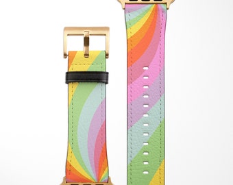 Rainbow Swirl Apple Watch Strap, Retro 70's 80's Inspired, Cute Colorful Unicorn Vegan Leather Watch Band, 38mm 40mm 42mm 44mm