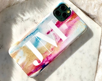 Large Initial iPhone Case, Monogram iPhone 13 Case, Personalised Christmas Gift, Watercolor iPhone XR XS Max 11 12 Pro Case,  Cover