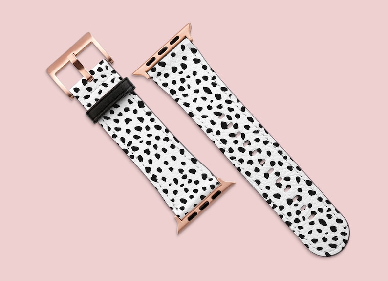 Apple Watch Strap, Black and White Animal Dots Band, Classy Dalmatian Cheetah Leopard Spots, Vegan Leather Watch Band, 38mm 40mm 42mm 44mm image 1