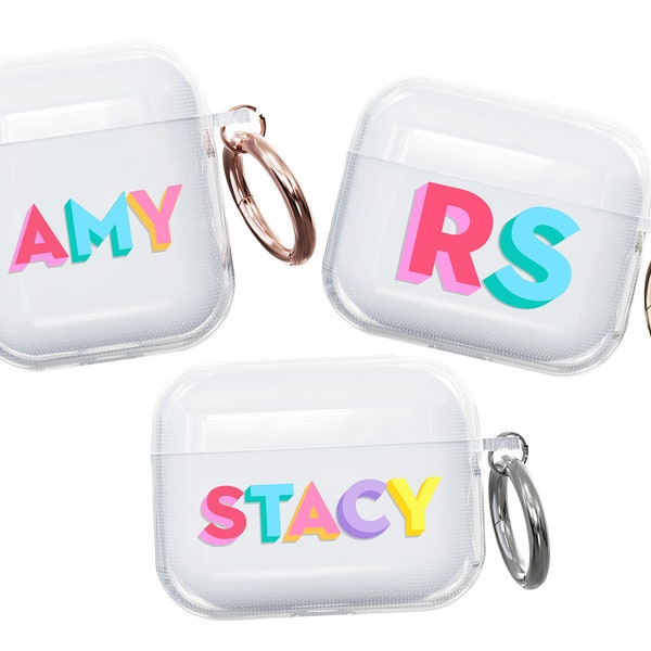Personalised AirPods Case, Customised Rainbow Monogram Apple Air Pods Pro Case, Round Carabiner Keychain, Airpods 3rd Generation/Airpods Pro