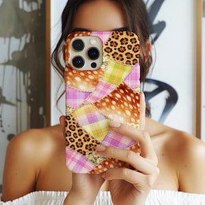Funda Peace Patchwork para iPhone 17, funda para iPhone 16 Pro Max Primavera Verano Rosa Cuadros Verdes Leopardo Beige Patchwork, funda para iPhone 15 MagSafe