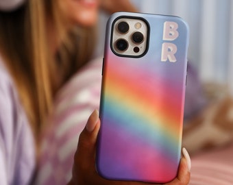 Pure Joy Phone Case, Custom iPhone Case, Rainbow Glow, Personalised iPhone 11 12 13 14 15 Pro Max Protective Case, Monogram Initials