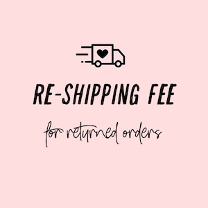 May include: A pink background with black text and a black graphic of a delivery truck with a heart. The text reads "RE-SHIPPING FEE" above "for returned orders" in a script font.