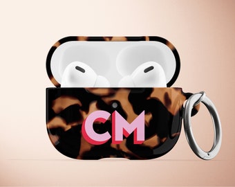 Monogram Tortoise Pattern Air Pods Case, Personalised Cute Initial Hard Plastic Protective Apple Airpods Pro Case with Carabiner Keychain