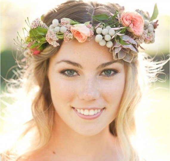 Faux flower + succulent crown photoshoot etsy Linnet Neutral Ivory Organic Succulent Baby Breath Moss  main image 4