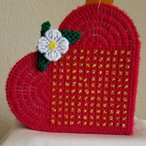 Strawberry Red Heart Shaped Trinket Box – Plastic Canvas with Yellow Beads