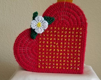 Strawberry Red Heart Shaped Trinket Box – Plastic Canvas with Yellow Beads