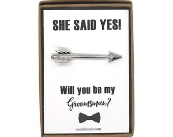 Groomsman Gift, Proposal Card, Silver or Gold Arrow Tie Bar with card, She said Yes - Will you be my Best Man? Groomsman gift, wedding party